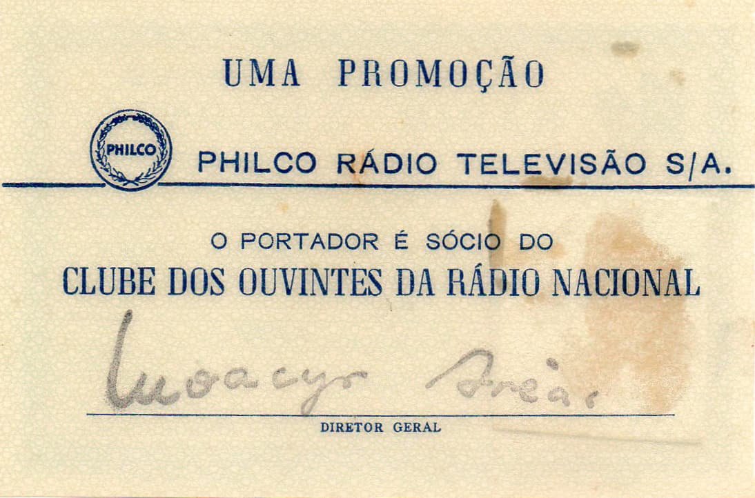 A imagem mostra a carteirinha de Gercy Volpato como integrante do Clube dos Ouvintes da Rádio Nacional.